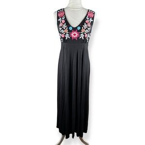 CAITE Embroidered Maxi Dress Womens‎ Size Large Black Floral Boho Garden Party